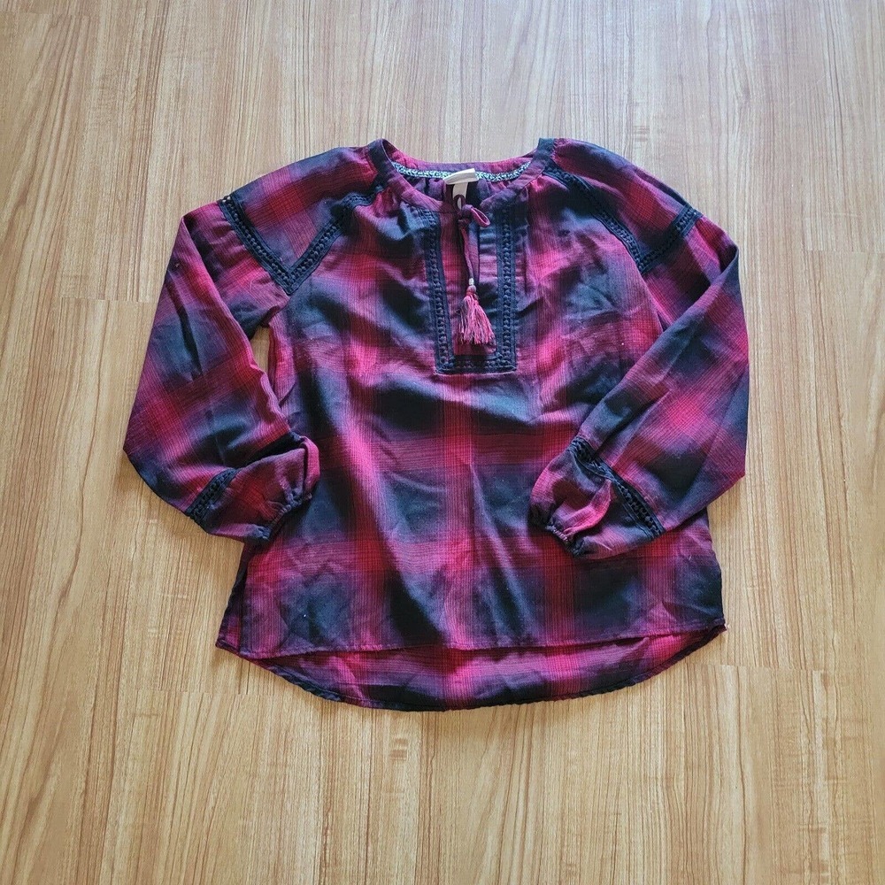 Knox Rose Shirt Top Women Size Medium Red Black Plaid Boho Balloon Sleeve Tassel - Picture 2 of 10
